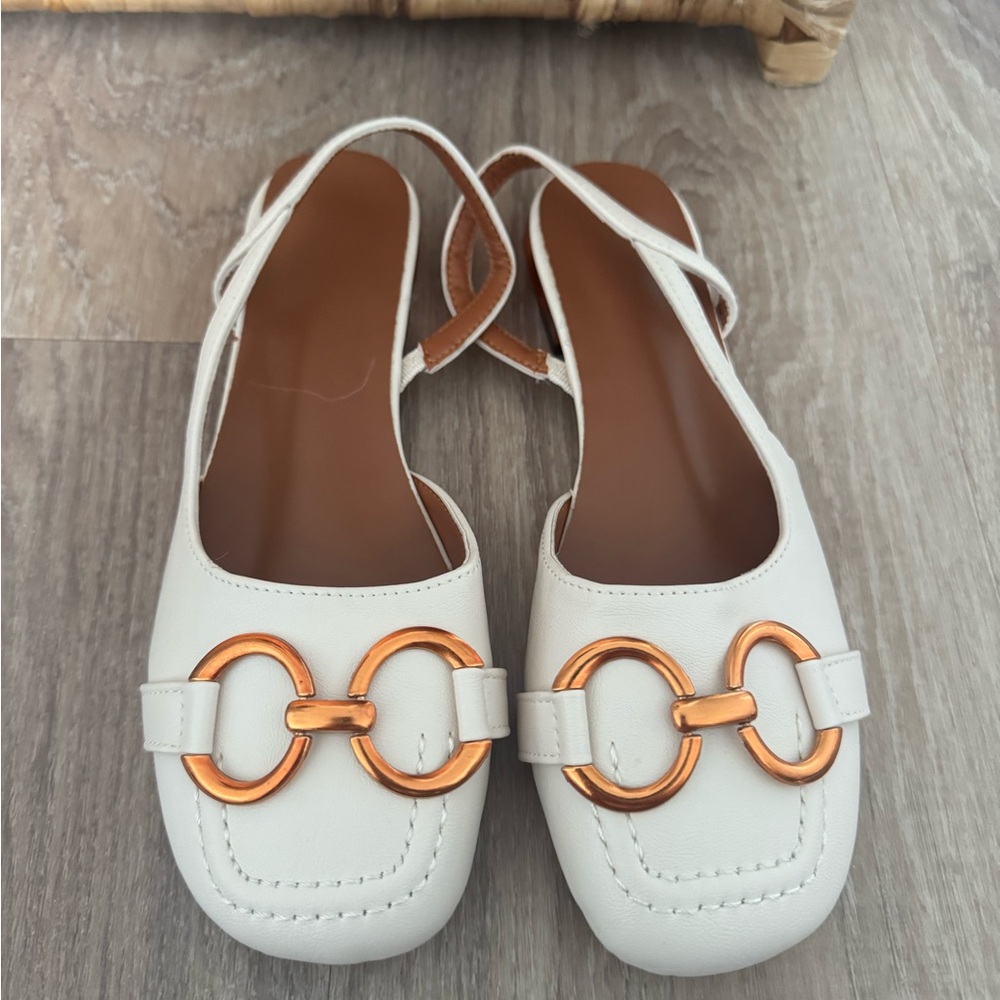 Elegant White Slingback Loafers with Gold Accents